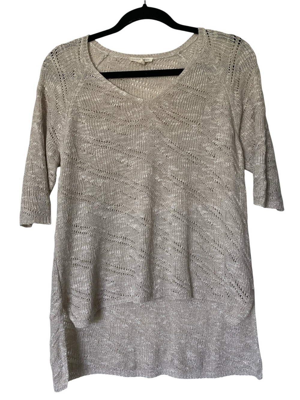 Eileen Fisher Linen Blend Open Knit Short Sleeve Sweater Medium Beige